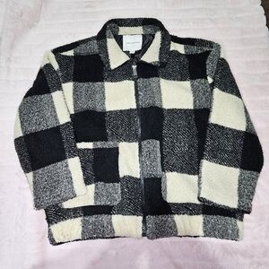 American Eagle Black & Cream PlaidBomber Fuzzy Sherpa Jacket
